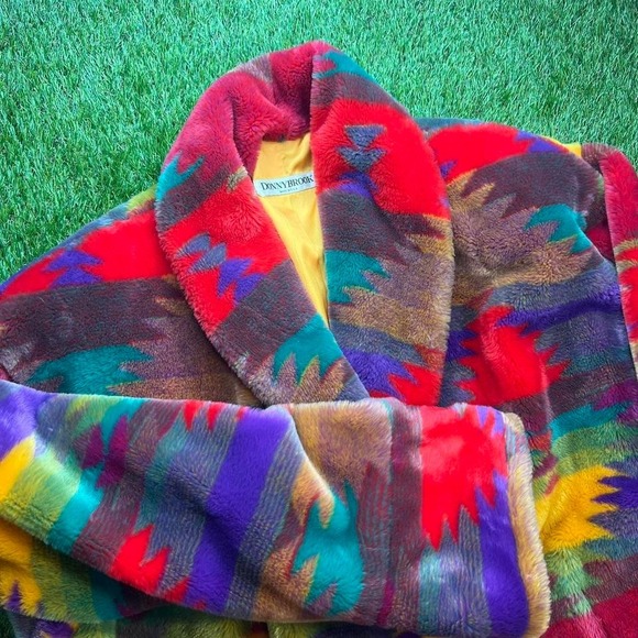 1980s Donnybrook Coat, Southwest Print Coat, Faux Fur Coat Vintage Ice Teddy XL - Picture 2 of 5